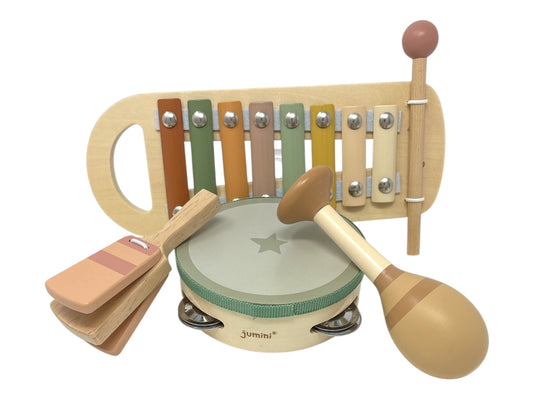 Musical toys including tambourine, xylophone, maraca and clapper