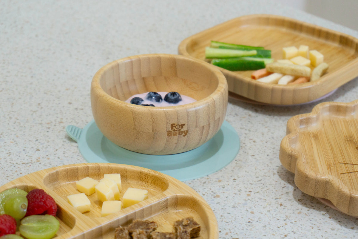 baby feeding bowls and plates with food