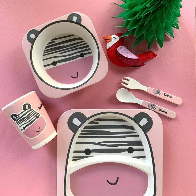 Children's 5 Piece Bamboo Dinner Set, Eco-Friendly, Dishwasher Safe (Zebra) - For The Baby