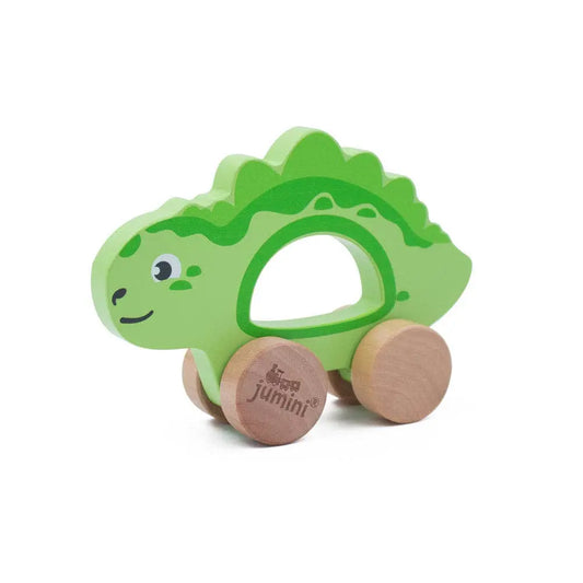 Green dinosaur-shaped toy with wooden wheels on a white background