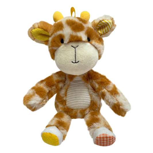 Plush sensory cuddly giraffe toy with brown and white pattern