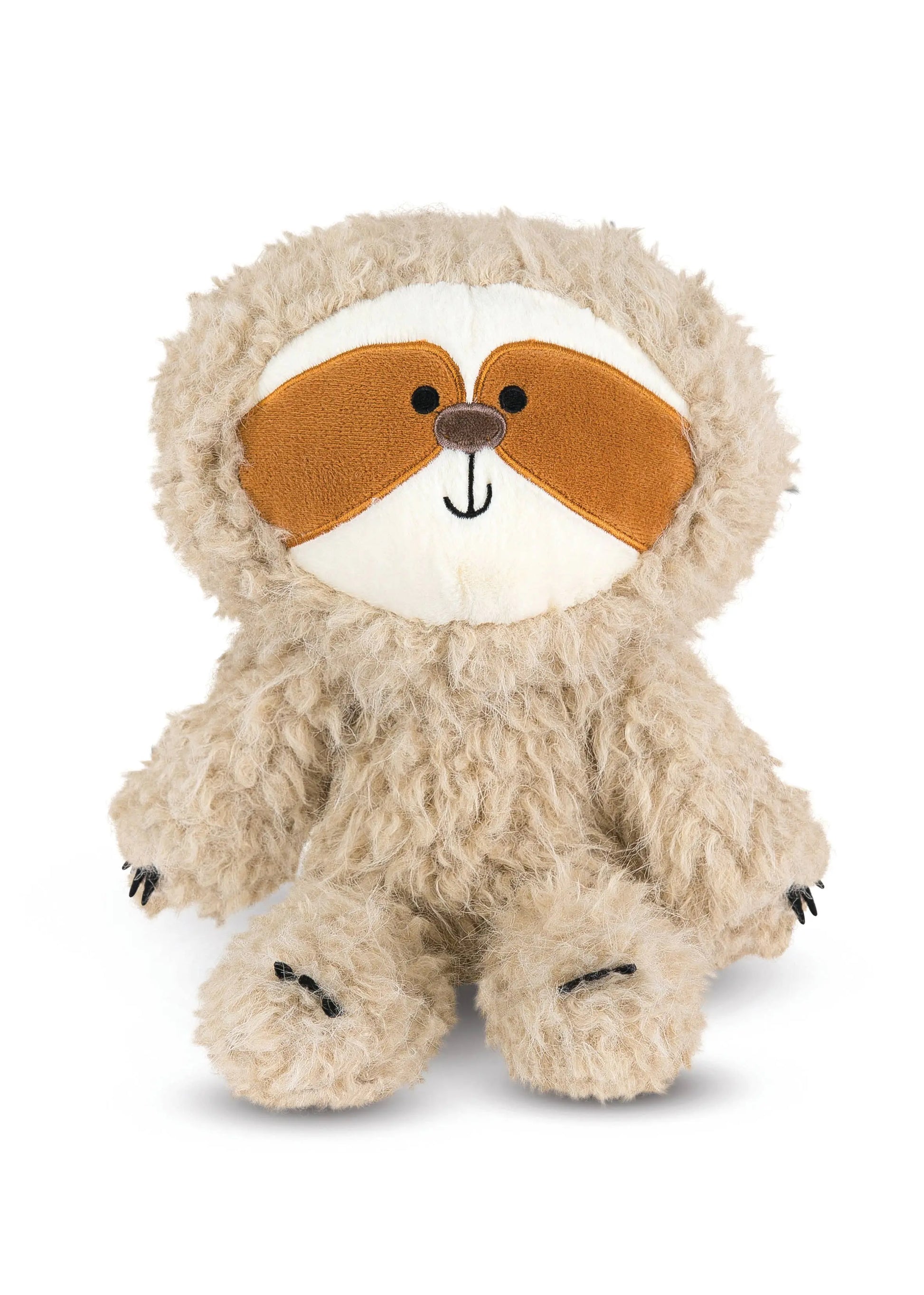 Plush toy sloth with a brown eye mask on a white background