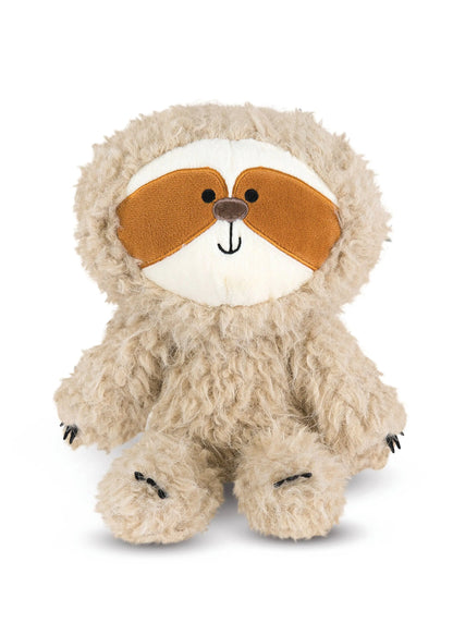 Plush toy sloth with a brown eye mask on a white background