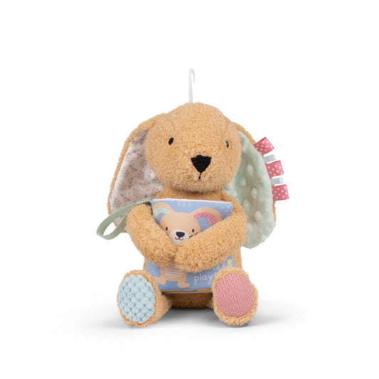 Plush toy bunny holding a book with a teddy bear