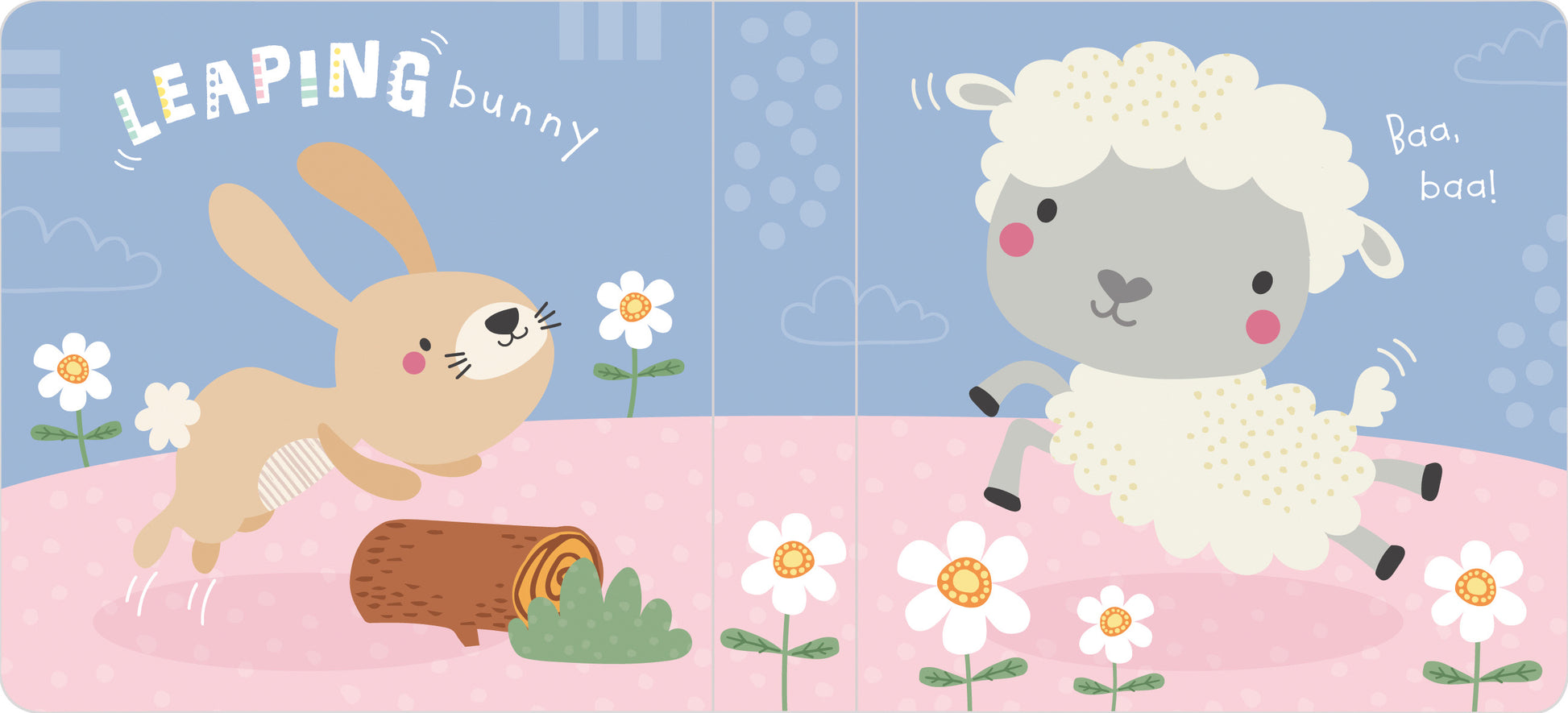Children's book cover with a rabbit and sheep on a pink blanket with flowers.