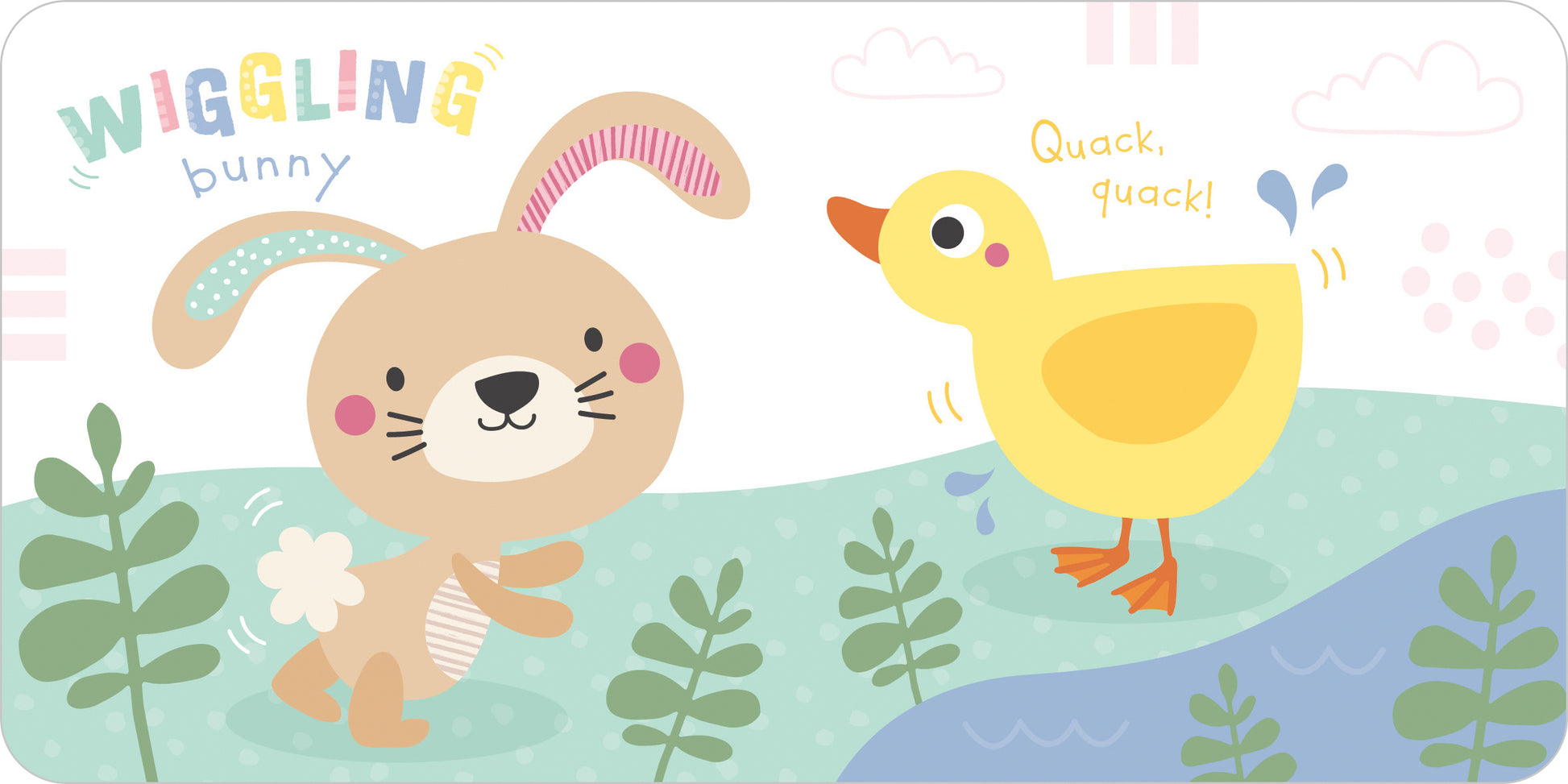 Illustration of a bunny and duck on a colorful background with text.