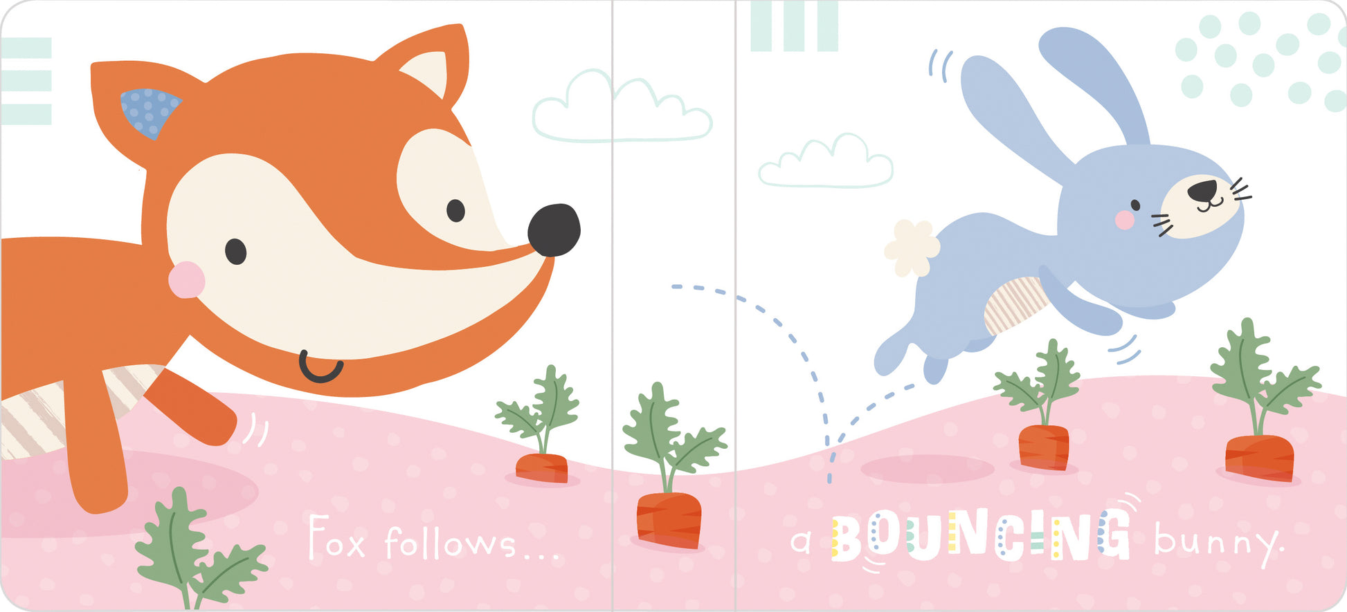 Illustration of a fox and a bunny on a pink background with text 'Fox follows a bouncing bunny'.