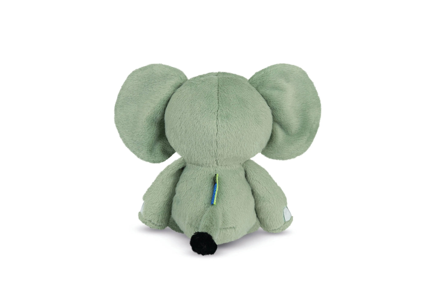 Green plush elephant toy on a white background