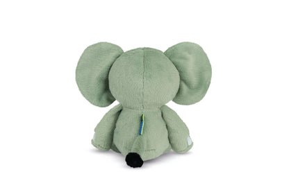 Green plush elephant toy on a white background