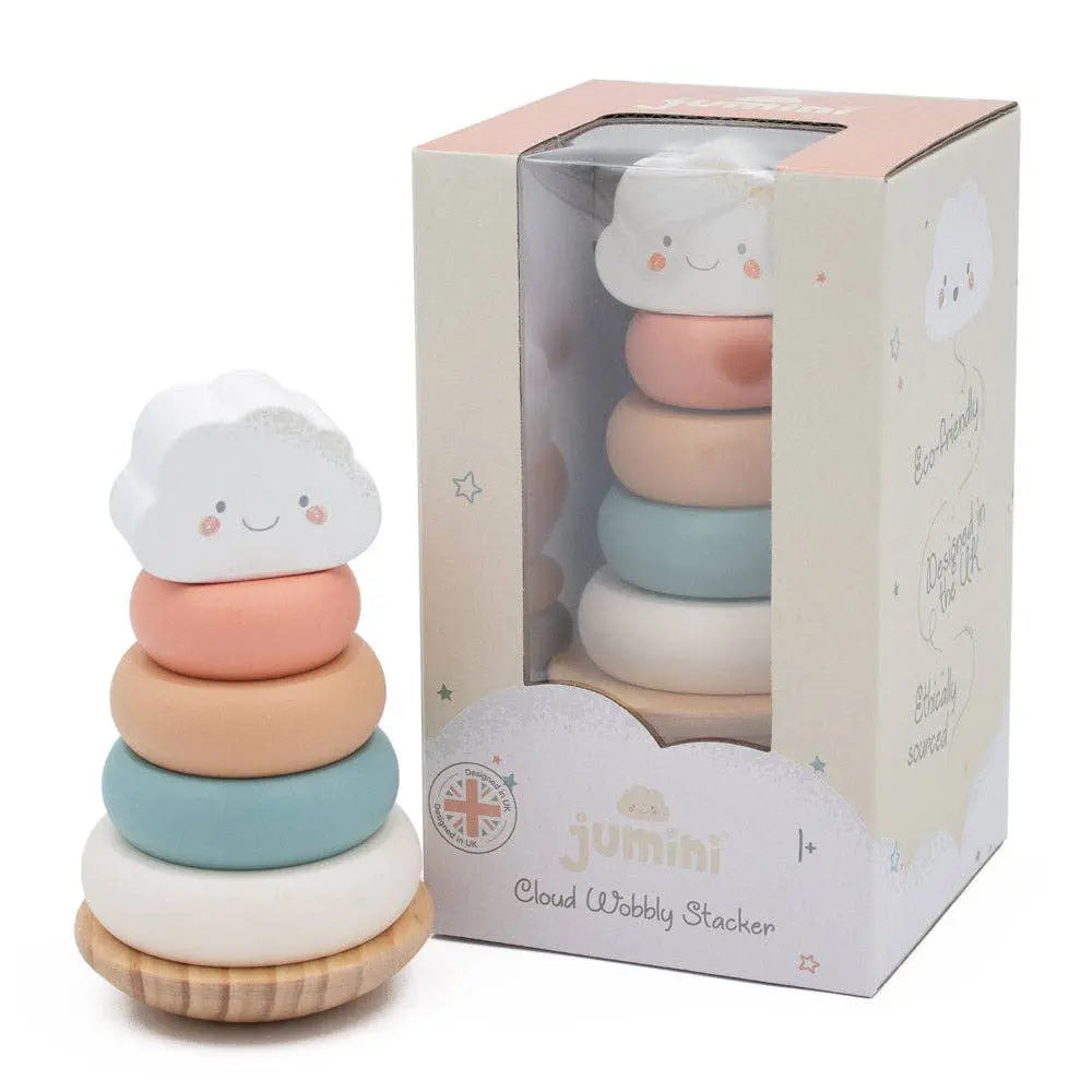 Wooden stacking toy with cloud design next to its packaging on a white background