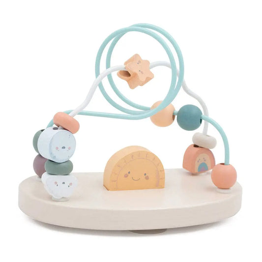 Wooden baby toy with beads and a circular track on a white background
