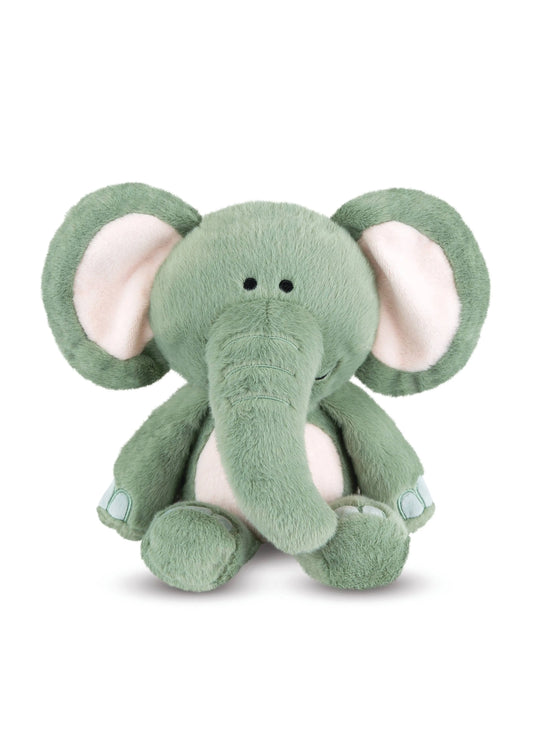 Green plush elephant toy on a white background