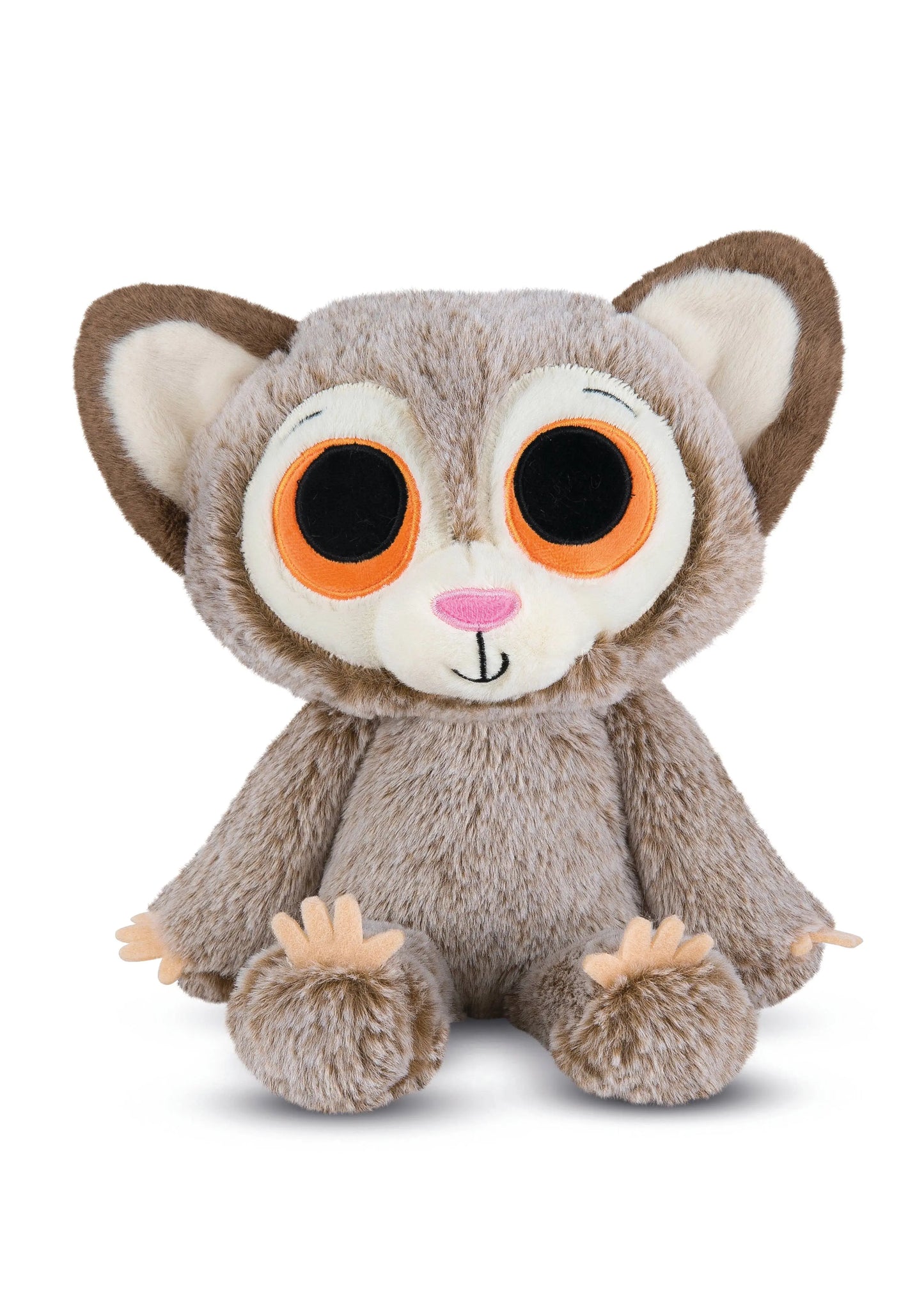 Plush toy resembling a bush baby with large eyes on a white background
