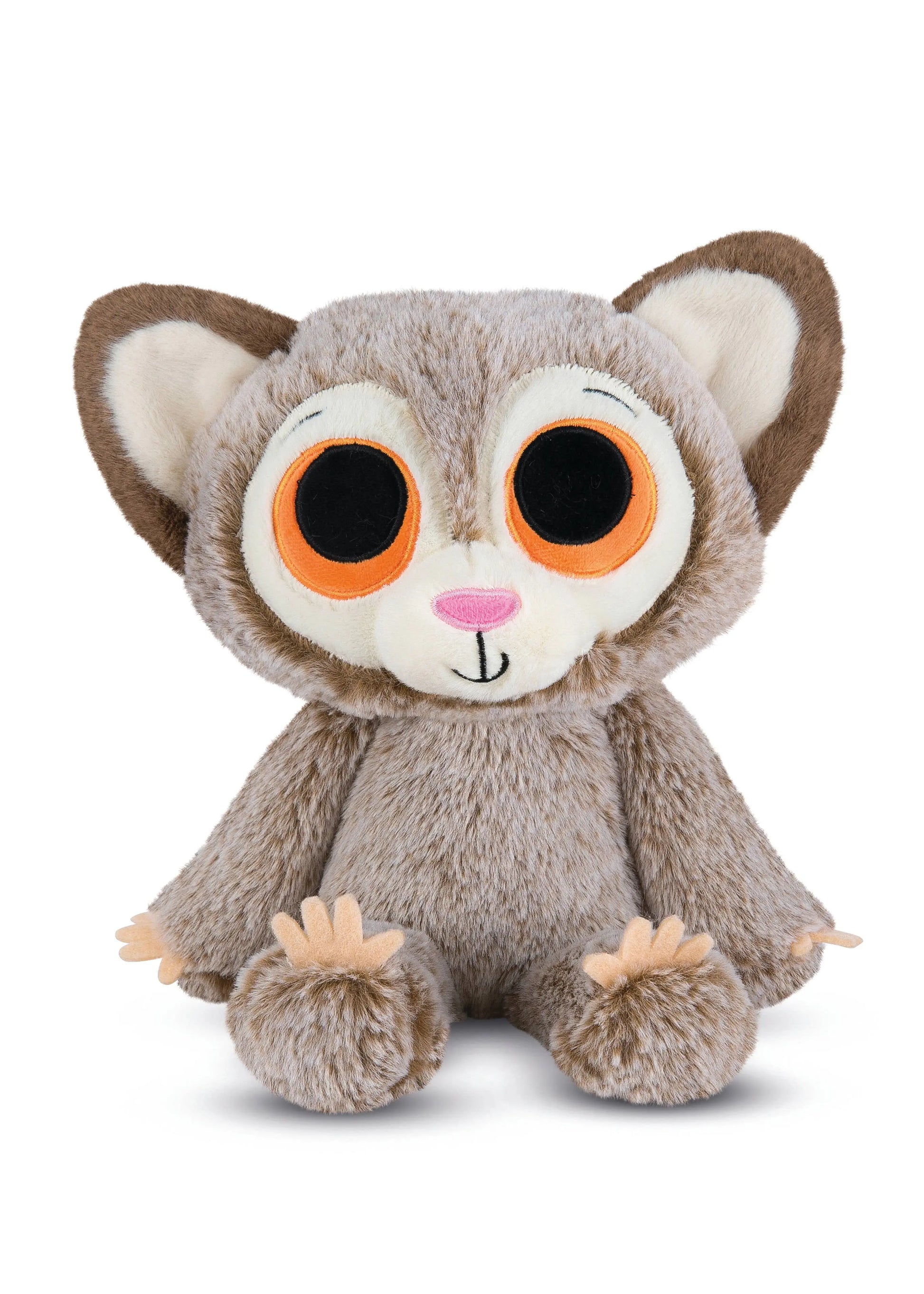 Plush toy resembling a bush baby with large eyes on a white background