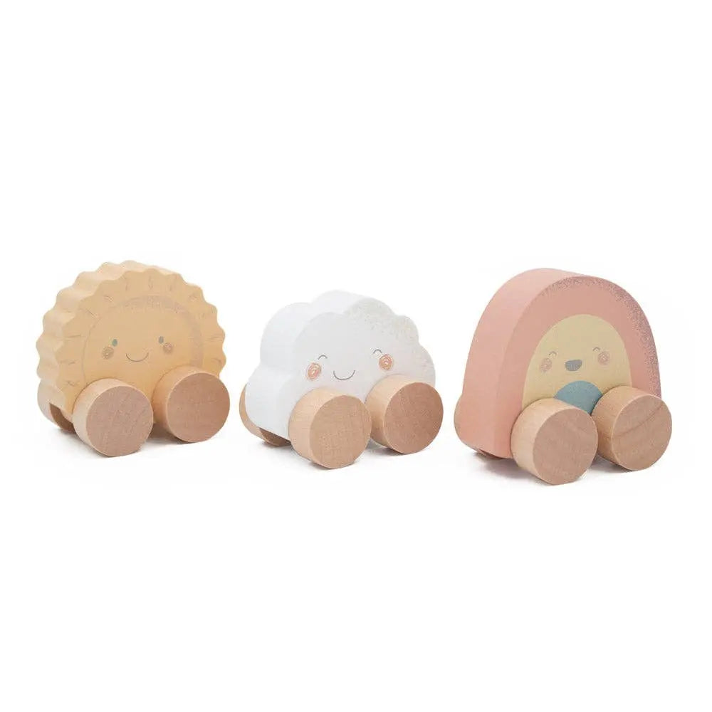 Three wooden toys shaped like a sun, cloud and rainbow on a white background