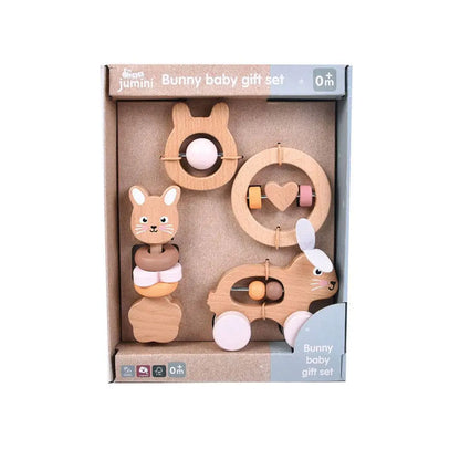 Wooden bunny baby gift set in packaging with 'jumini' branding.