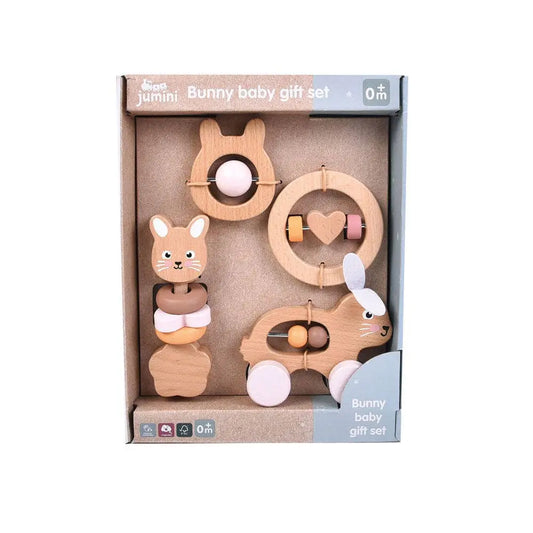 Wooden bunny baby gift set in packaging with 'jumini' branding.