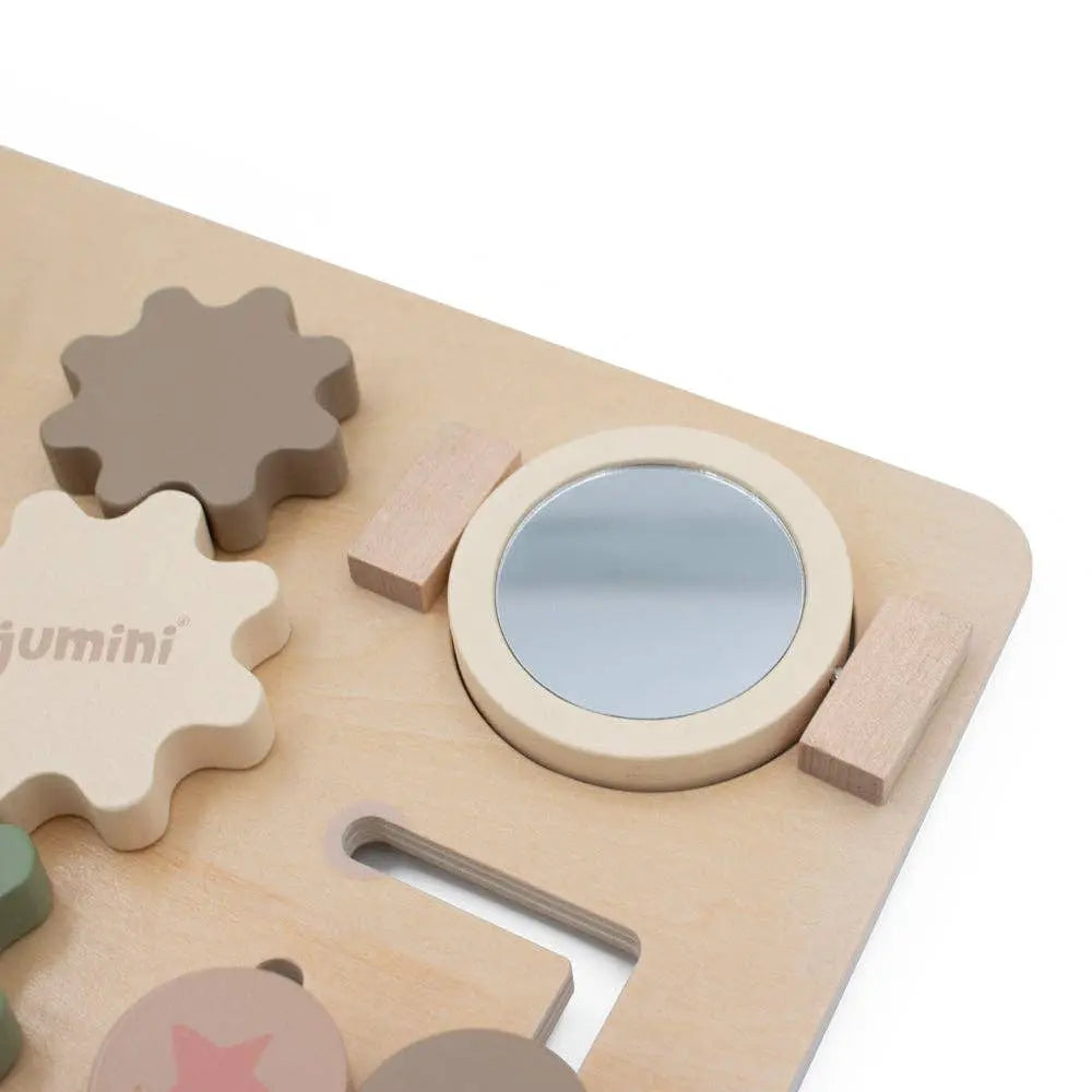 Wooden shape sorting puzzle with gears on a white background