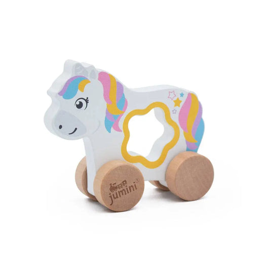 Unicorn-shaped wooden toy with wheels on a white background