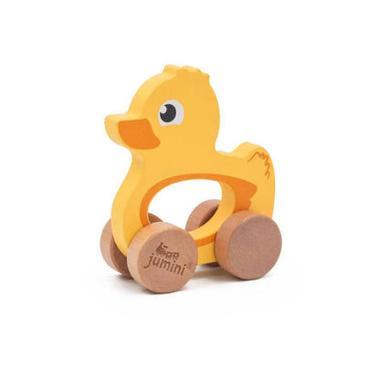 Yellow duck-shaped toy with wooden wheels on a white background