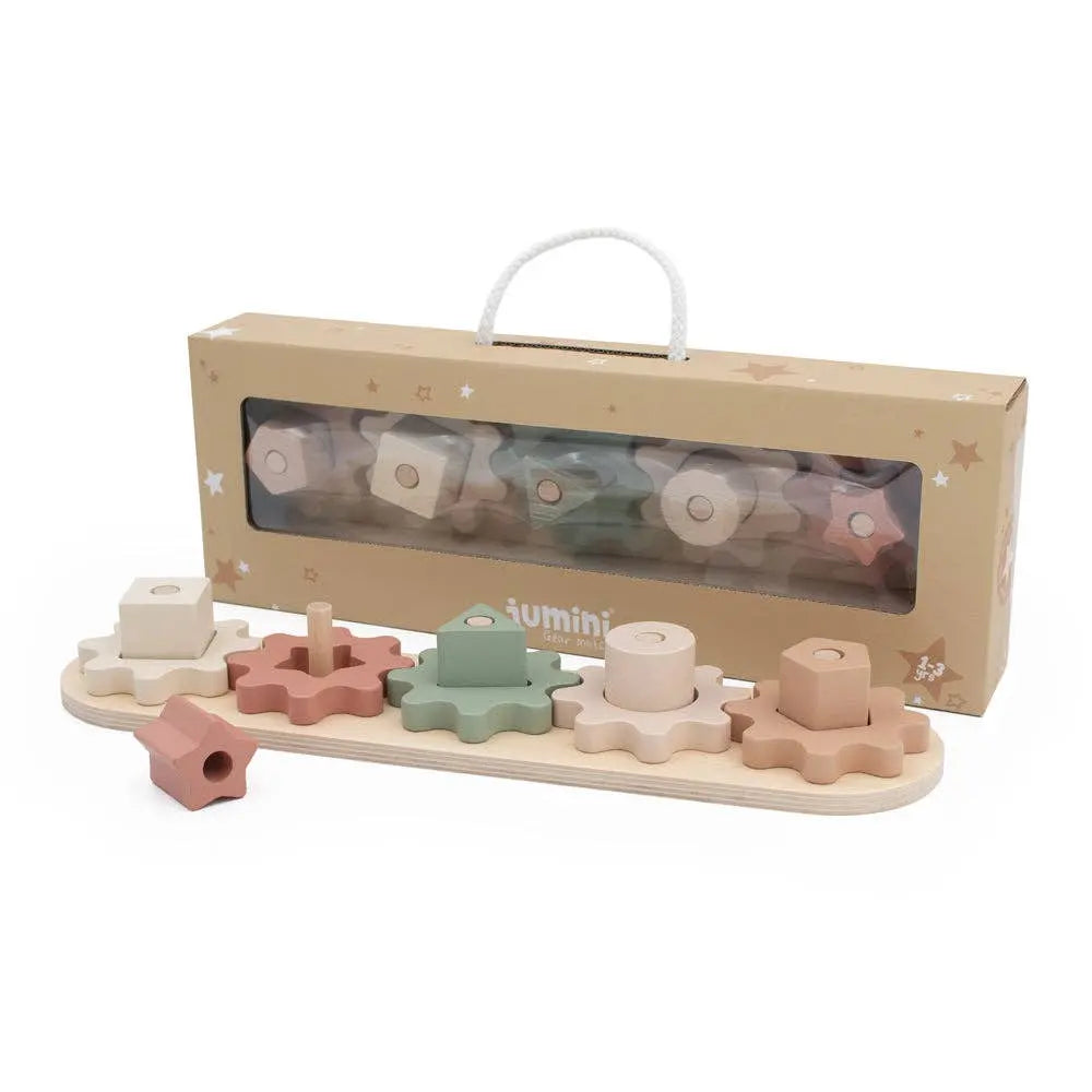 Set of wooden shape sorting toys with a beige box on a white background