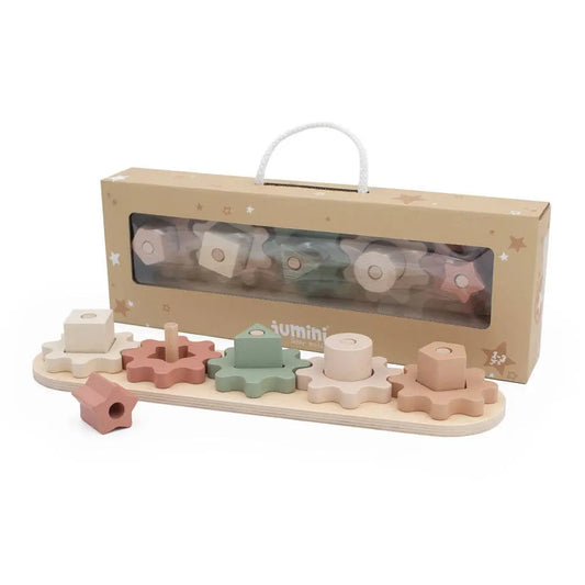 Set of wooden shape sorting toys with a beige box on a white background