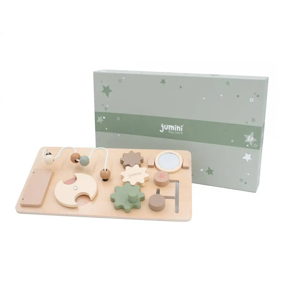 Wooden busy board toy with various shapes and a matching box on a white background