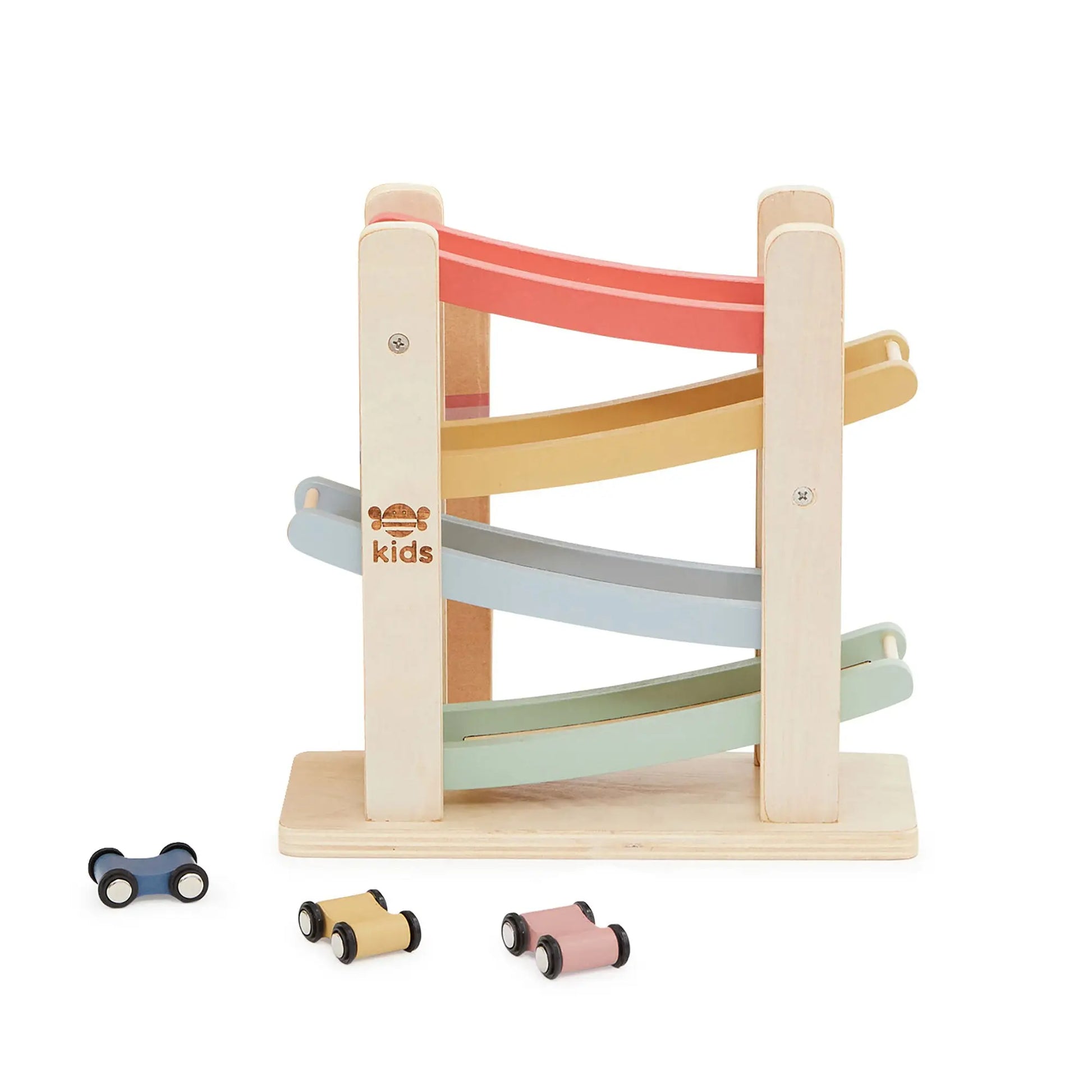Wooden toy with colorful ramps and small cars on a white background