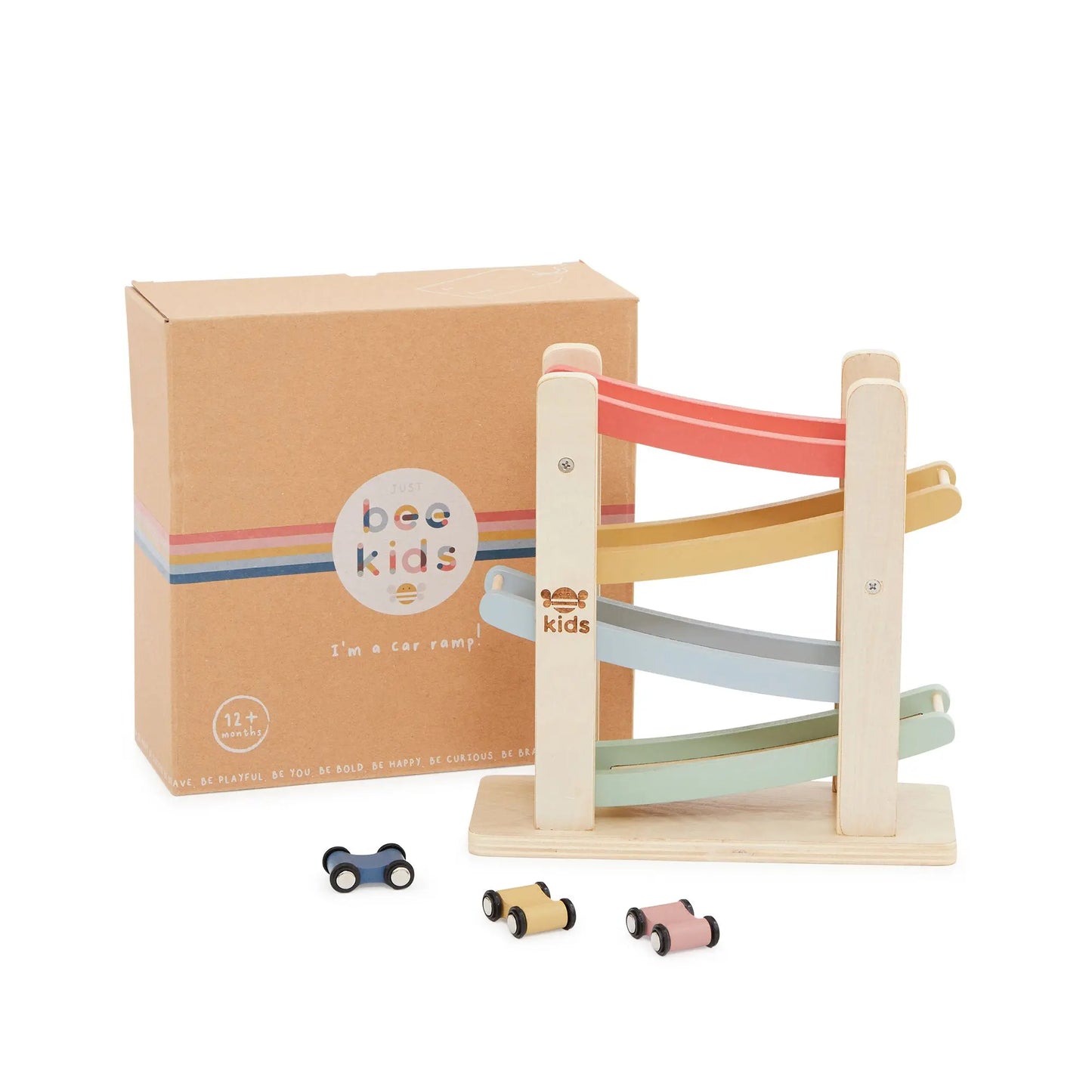 Wooden toy track set with cars and packaging on a white background