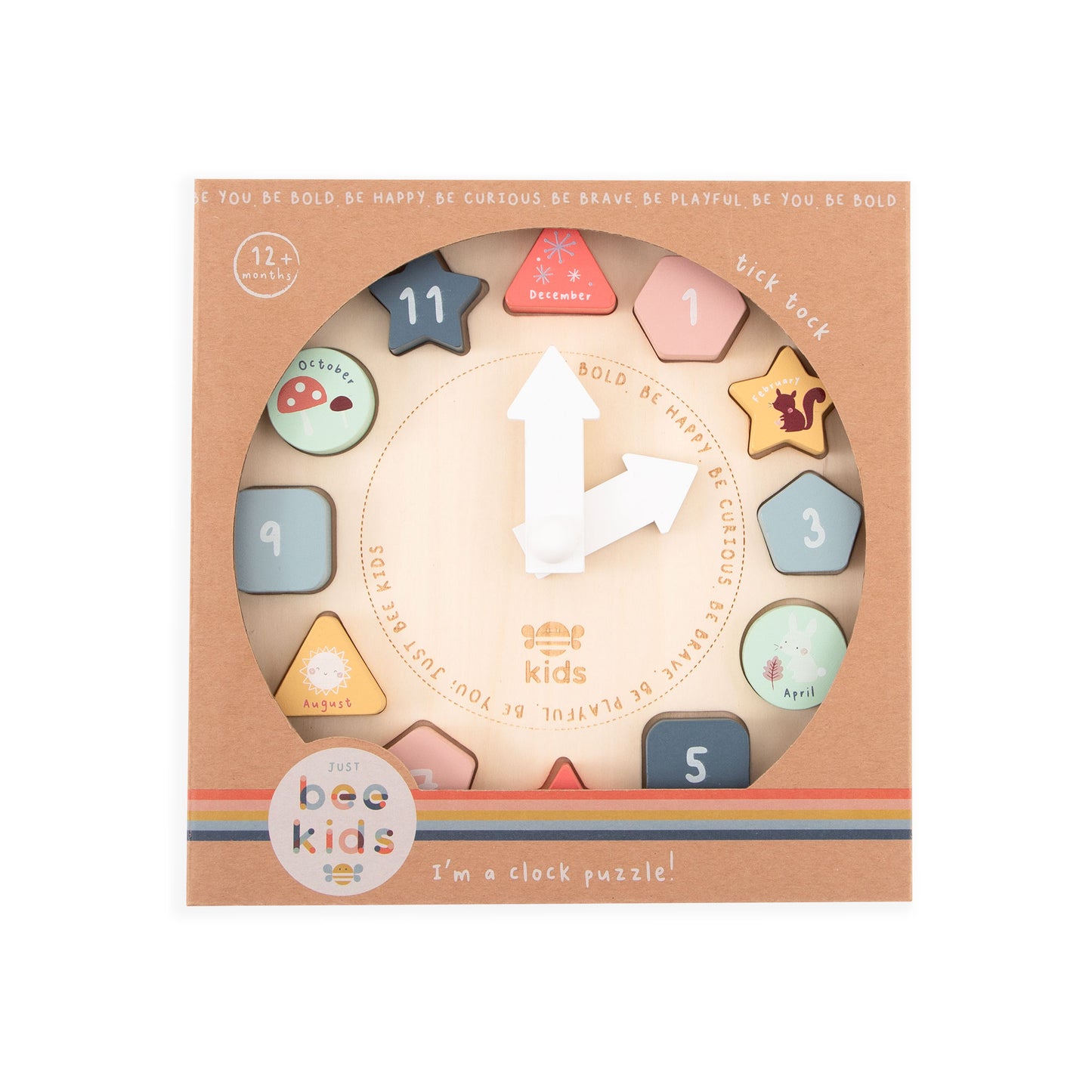 Clock puzzle toy with colourful shapes in a 'just bee kids' branded box on a white background