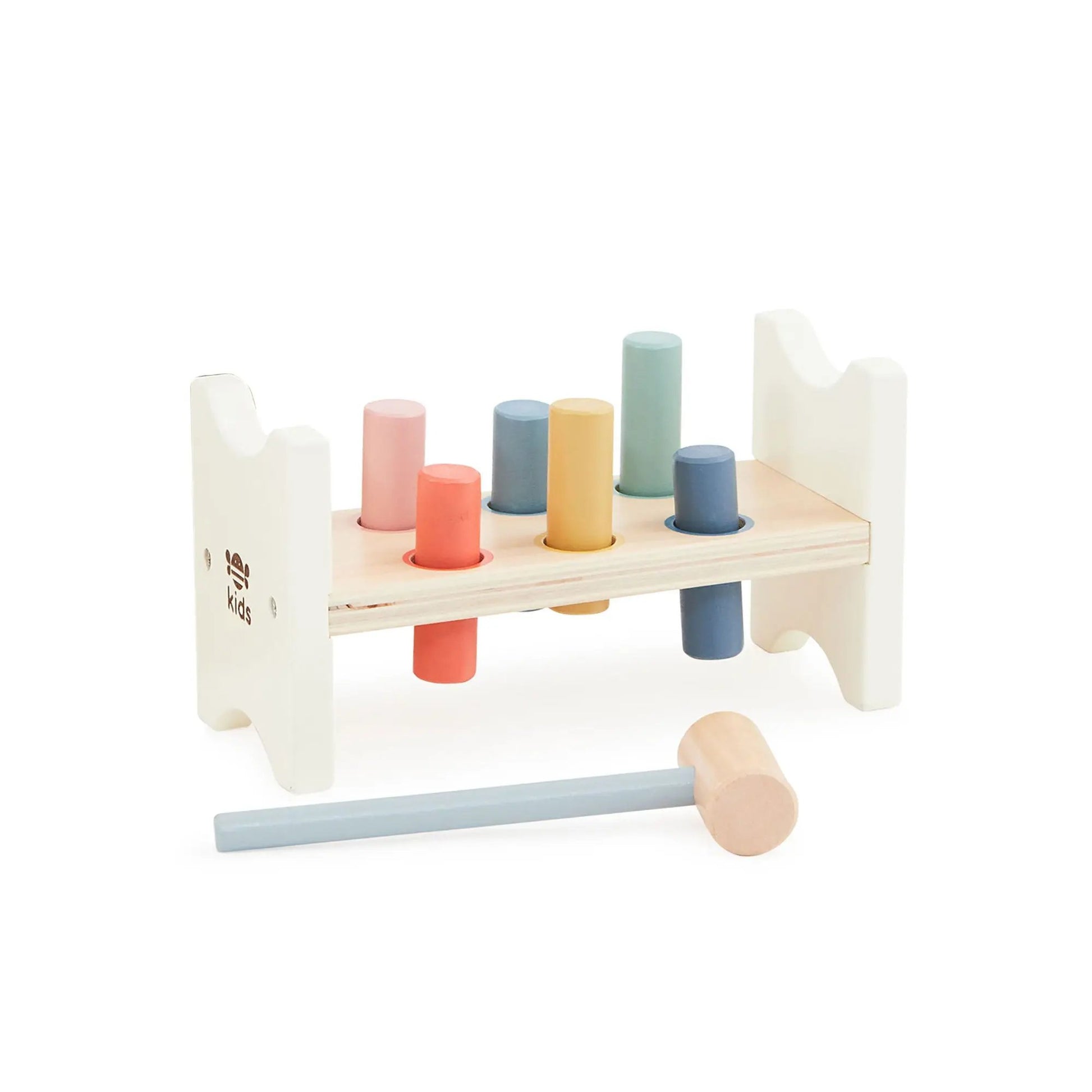 Wooden toy with colourful cylindrical pegs and a mallet on a white background