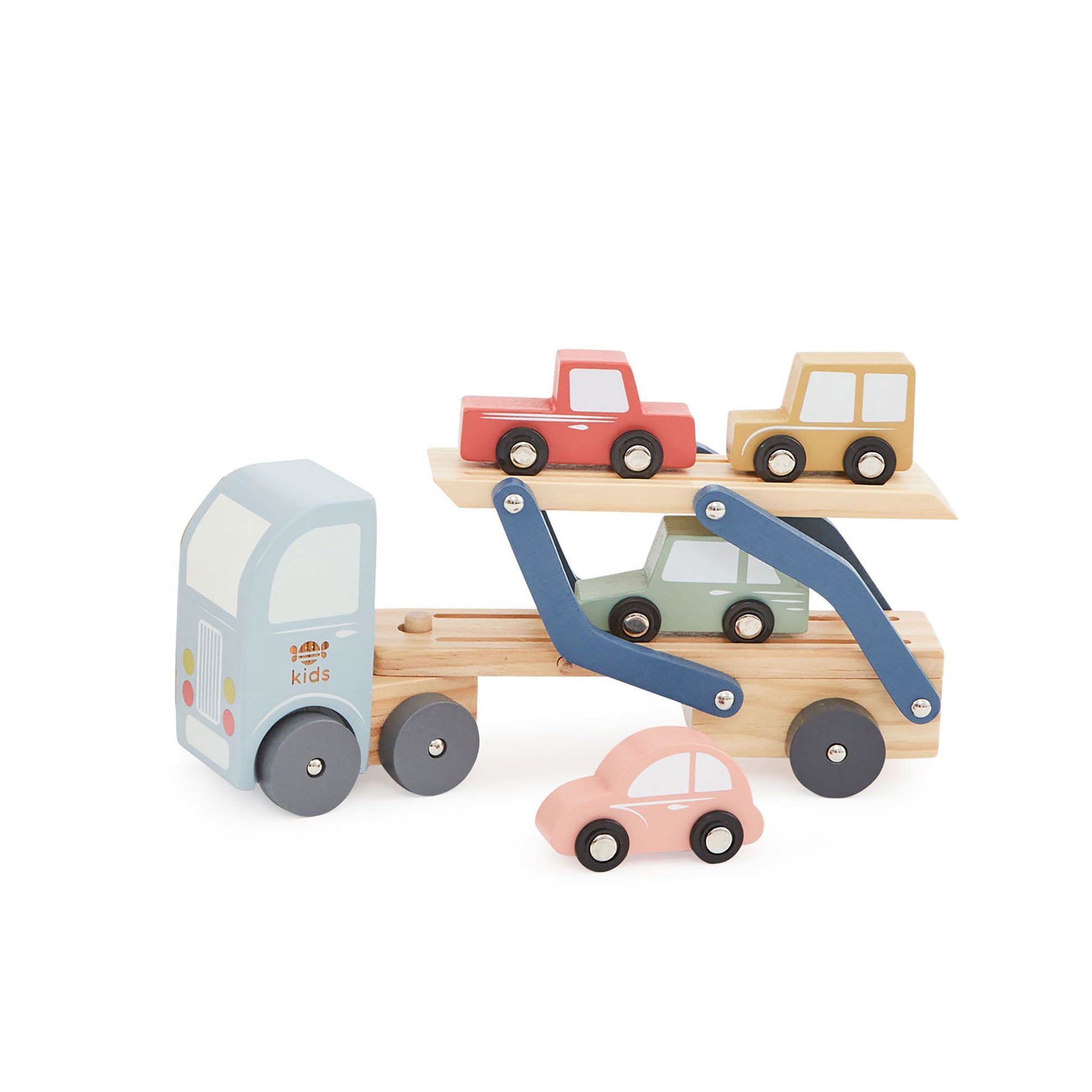 Wooden toy car carrier with multiple cars on a white background