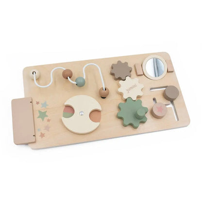 Wooden educational toy with various shapes and a mirror on a white background