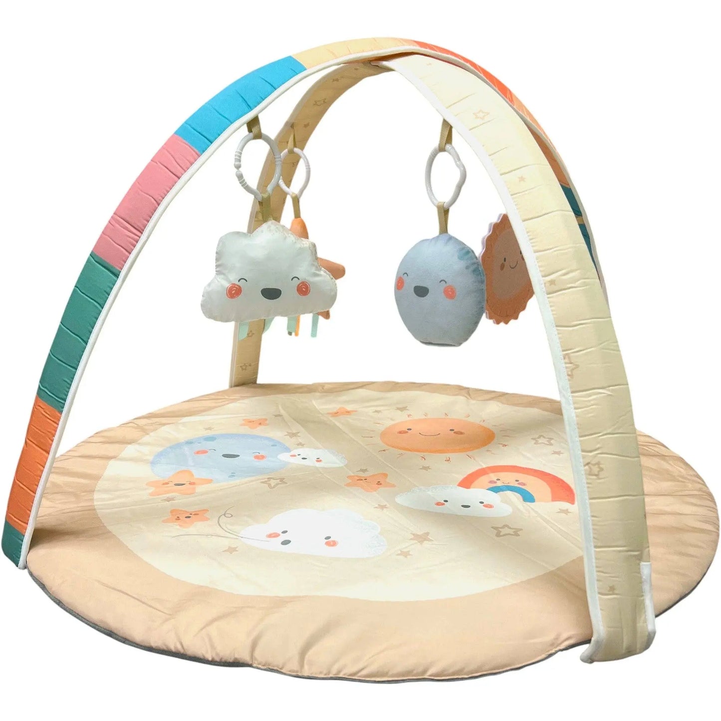 Baby play gym with colourful arch and hanging toys on a white background