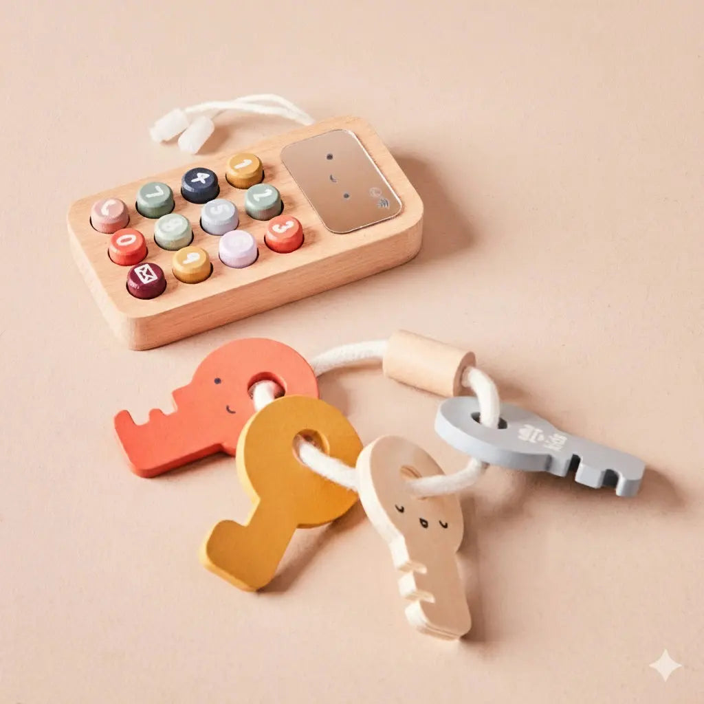 Wooden toy phone and keys