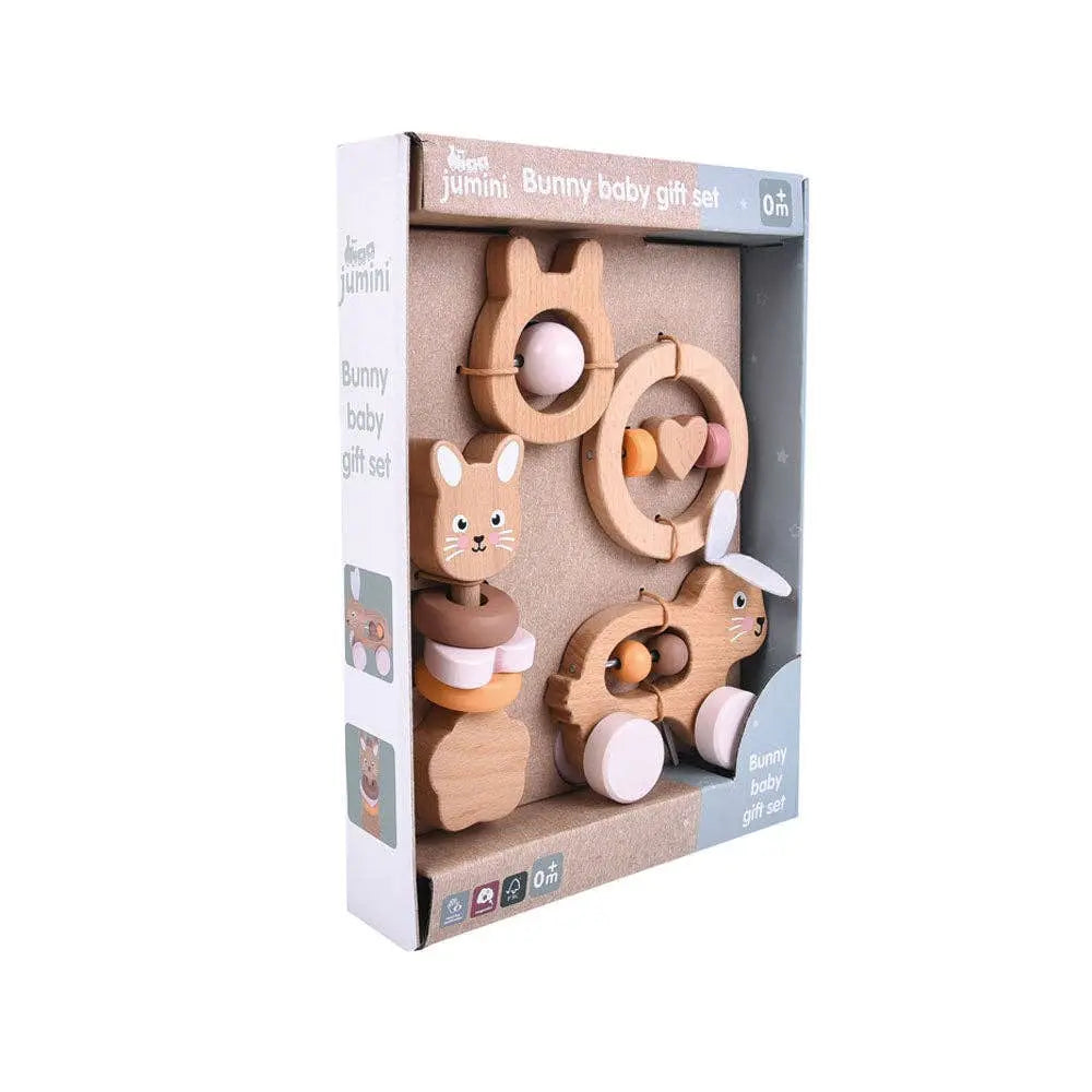 Wooden baby toy set in packaging with bunny design on a white background