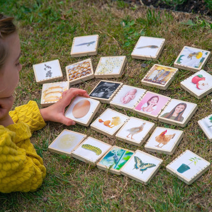 Child playing with educational tiles outdoors on grass