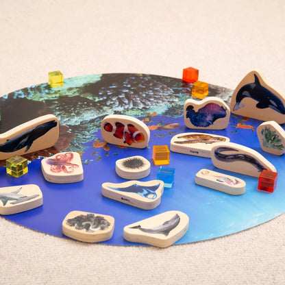 Educational toy set with animal figures on a circular mat
