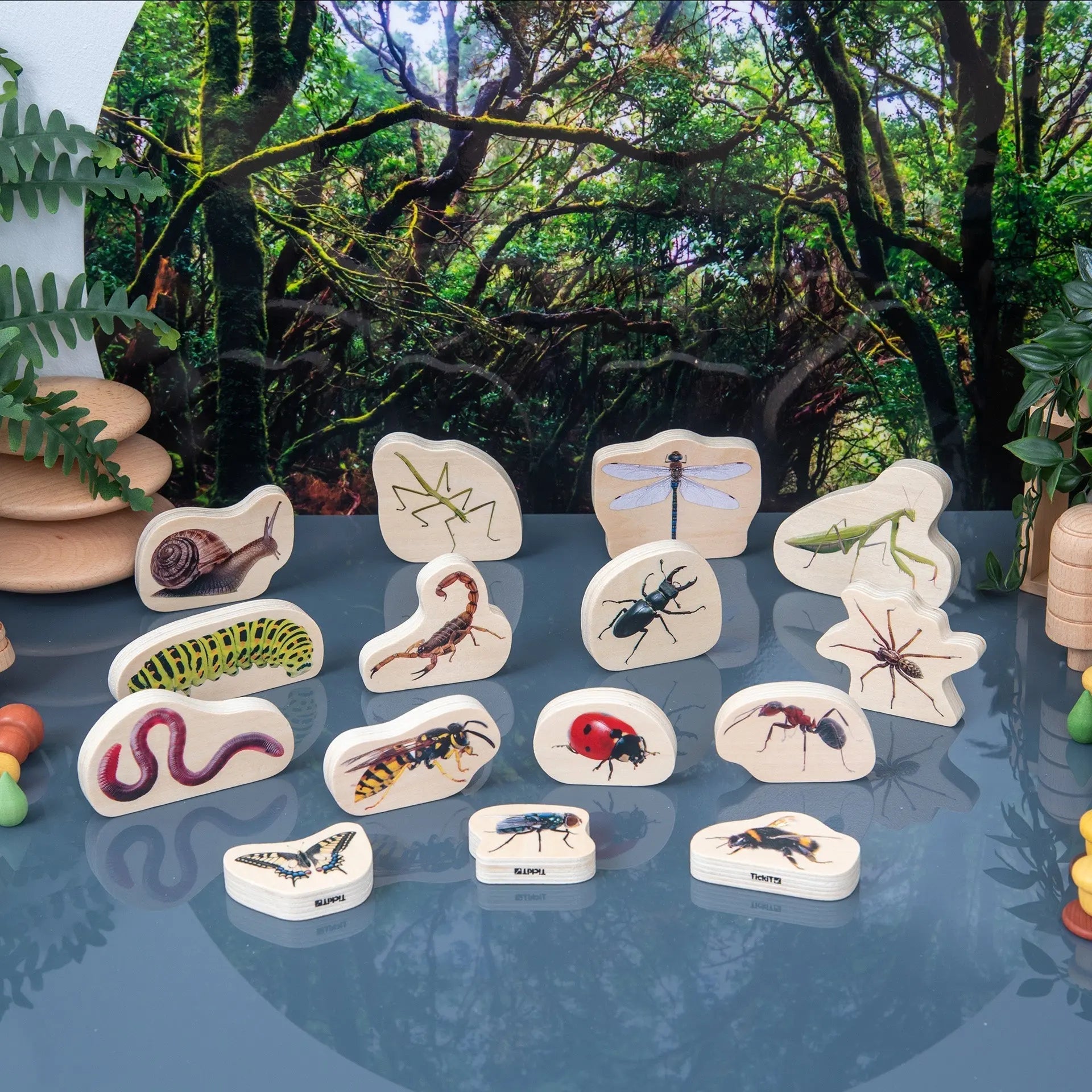 Set of educational animal figurines on a table with a forest background