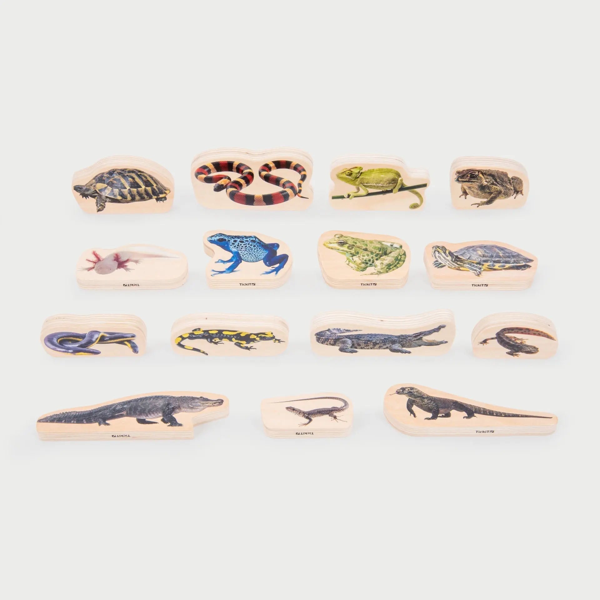 Set of wooden animal figures on a white background