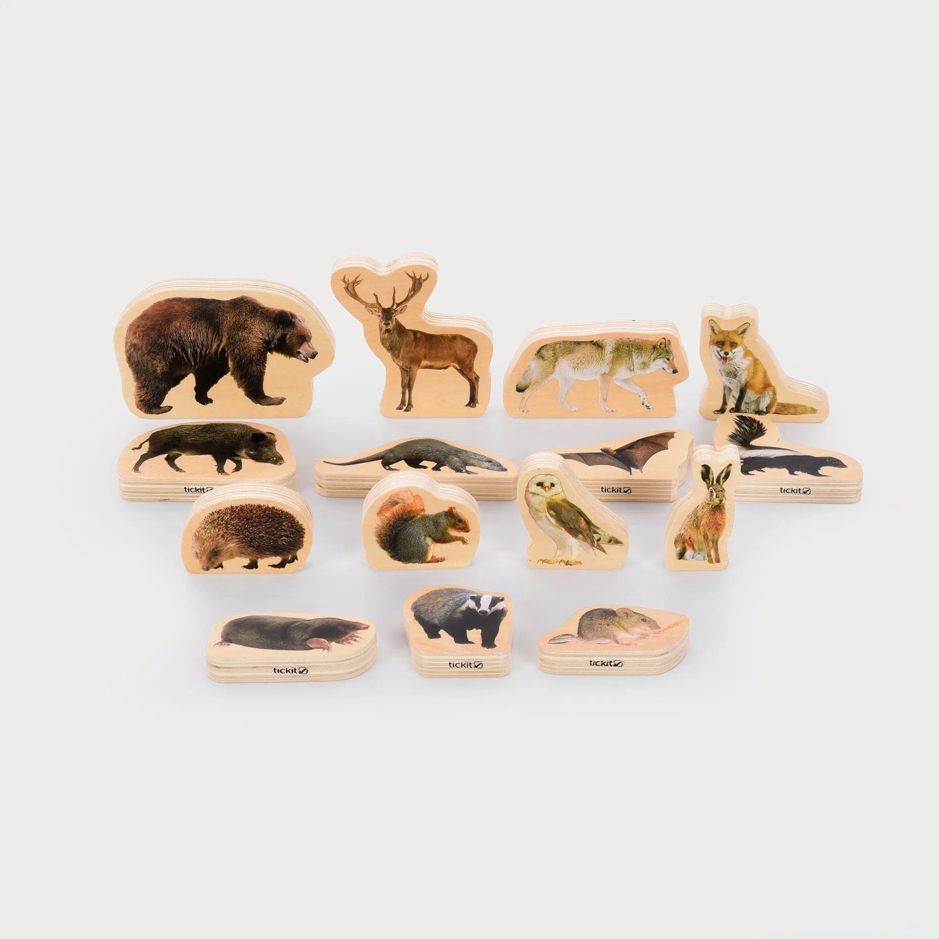 Set of wooden animal figurines on a white background
