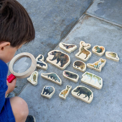 Child playing with animal-themed wooden stamps and a magnifying glass on a concrete surface.