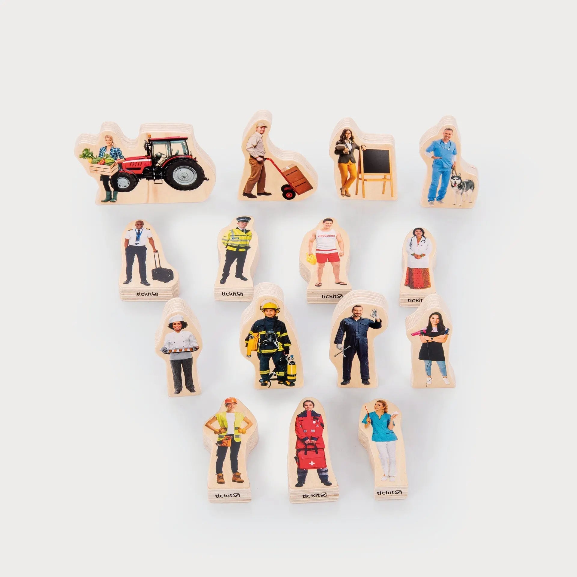 Set of wooden figures in various poses on a white background