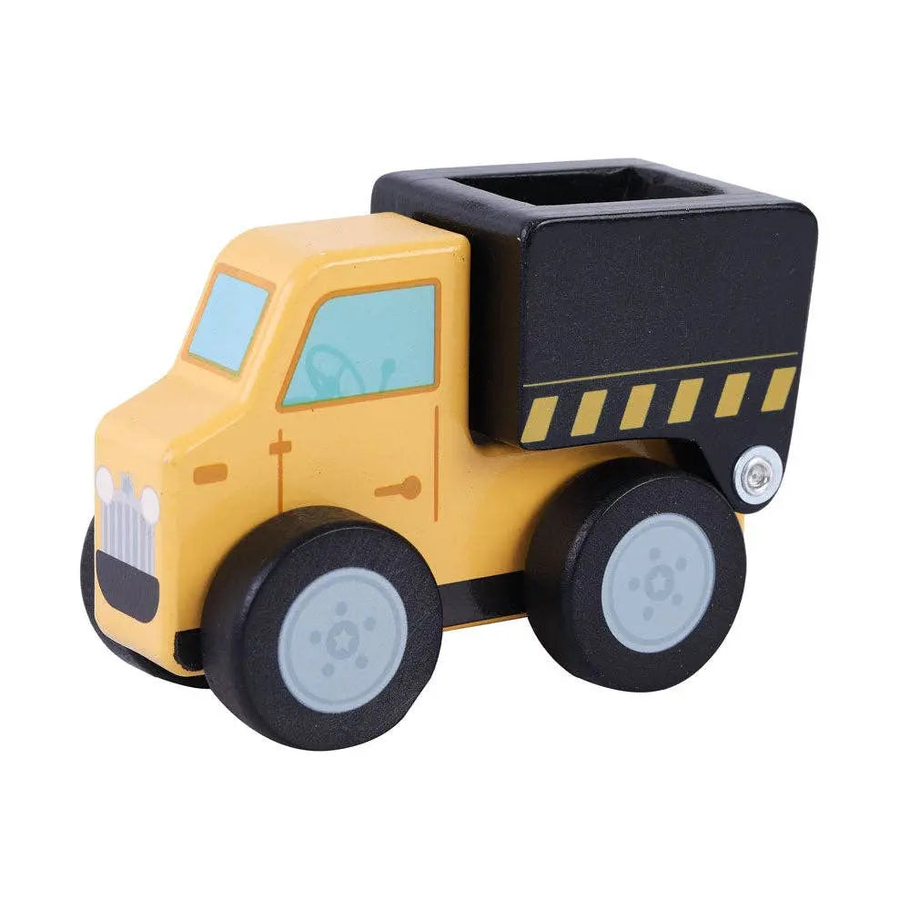 Toy dump truck with black bed on a white background