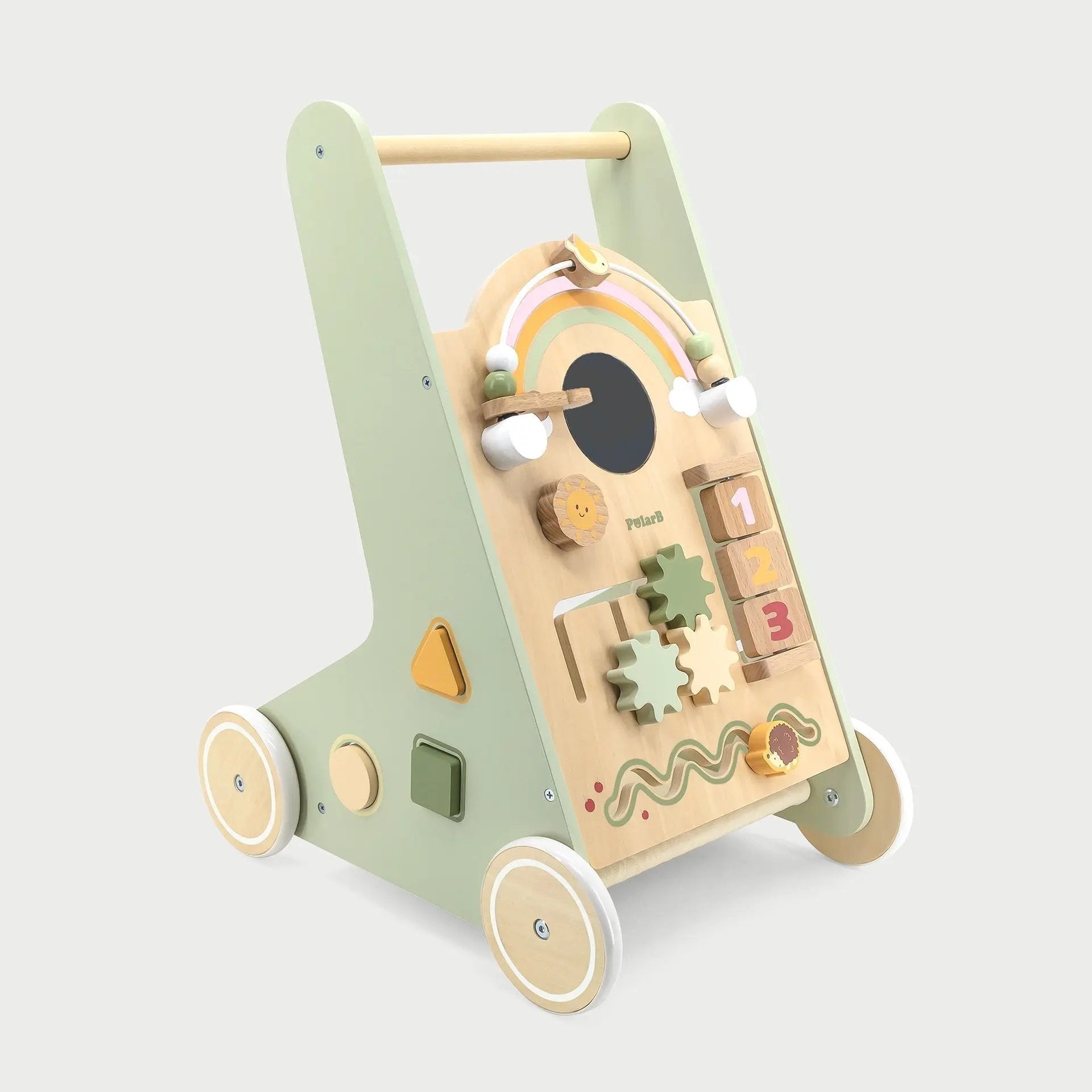 Children's wooden activity walker with various shapes and numbers on a light grey background