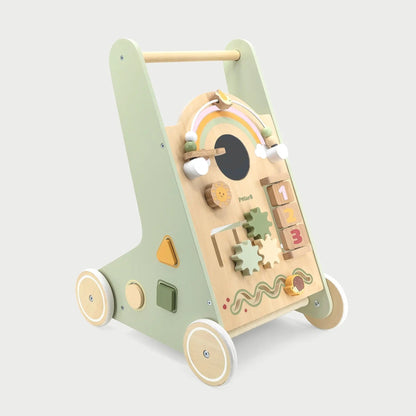 Children's wooden activity walker with various shapes and numbers on a light grey background