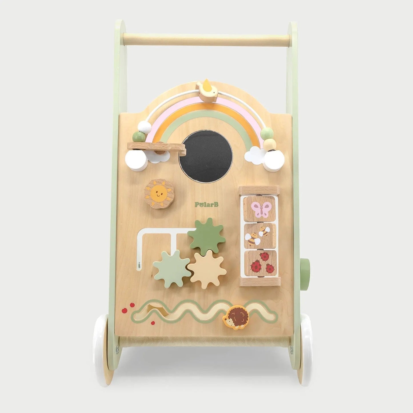 Wooden educational toy with various shapes and a rainbow on a white background
