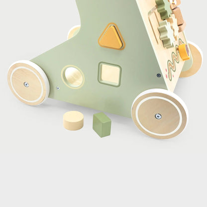 Children's wooden shape sorter toy with wheels on a light gray background