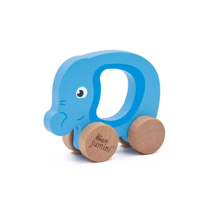 Blue elephant-shaped toy with wooden wheels on a white background