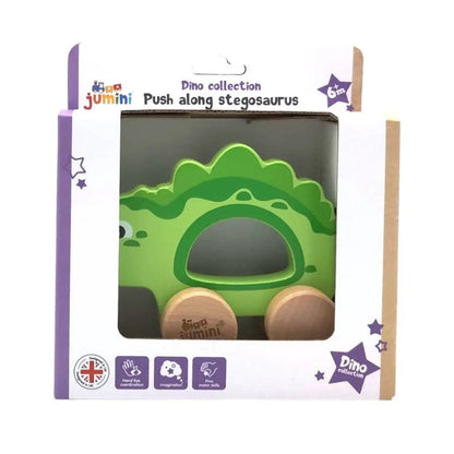 Packaging of a push along stegosaurus toy from the Jumini Dino collection on a white background.